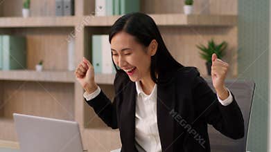 Happy amazed Asian Japanese girl office worker secretary business woman joyful Korean ethnic female businesswoman