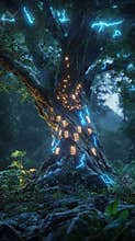 Enchanted tree with glowing runes in a mystical forest