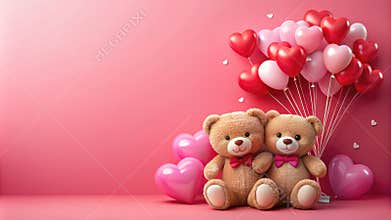 Adorable pink teddy bears sitting pink background surrounded by heart balloons