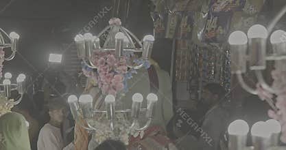 Agra, Uttar Pradesh, India. Ungraded C LOG 2, Indian Hindu Wedding Procession Of Baraat, With Bridegroom On Horse, Led