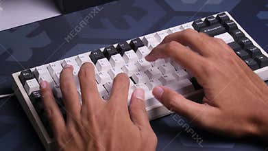 Work From Home Man Typing a Minimalist Mechanical Black and White Keyboard