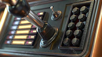A closeup of a robotic arms control panel with buttons and levers actively engaged while calibration data scrolls across