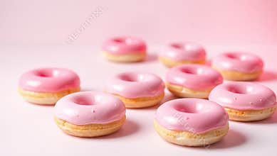 Many pink frosted doughnuts lying on pink background