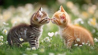 Adorable kittens nuzzling in daisy-filled meadow. The 14th of February. Happy Valentine's Day