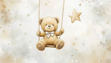 Adorable Teddy Bear Girl Swinging On A Star Swing With Watercolor Hand Drawing