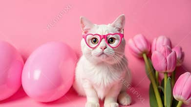 Valentine's Day February 14. Portrait of white cat looking at the world through rose-colored heart-shaped glasses