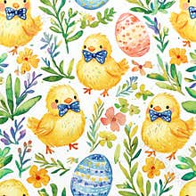 Seamless watercolor style pattern featuring cute chicks with bow ties, decorated Easter eggs, and spring flowers.