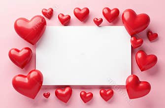 Mock up: Valentine's Day card background. Red voluminous hearts on a trendy soft pink background. In the center