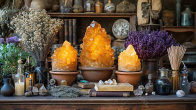 Warm glowing crystals in rustic apothecary with dried flowers and old books. The concept of mysticism, rituals