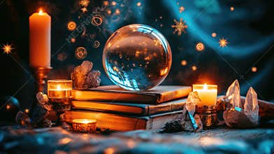 Enchanted crystal ball and candles amidst mystical books and crystals. The concept of mysticism, rituals, astrology
