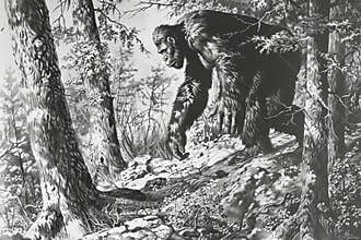 Huge fantasy hairy yeti character in beautiful outdoor nature color, abstract vivid composition consists of fictional