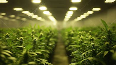 Indoor cannabis cultivation with lush green plants and bright lighting