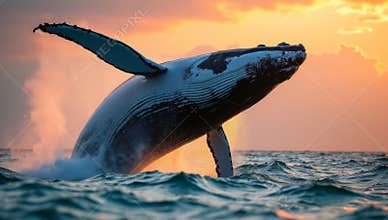 Humpback whale breaching out of ocean at sunset