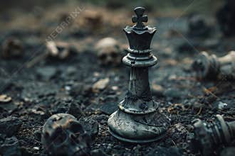 Chess piece standing on checkered game board during strategic game of chess, abstract vivid composition consists of