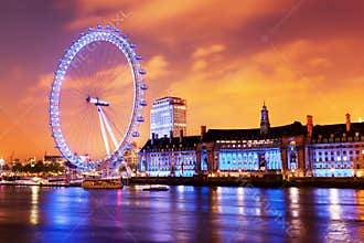 London, the UK skyline in the evening, London Eye