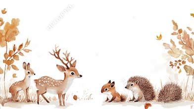 Forest animals gather in autumn setting, displaying harmony and nature’s beauty among fallen leaves and gentle