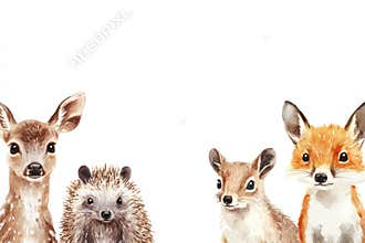 Forest animals gather together during daytime in a peaceful woodland setting with soft colors and charming expressions