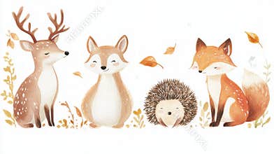 Forest animals enjoying a peaceful autumn day among falling leaves and gentle sunlight in a serene woodland setting