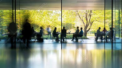 An environmentally conscious and sustainable workplace with a steady flow of employees each day, focusing on modern