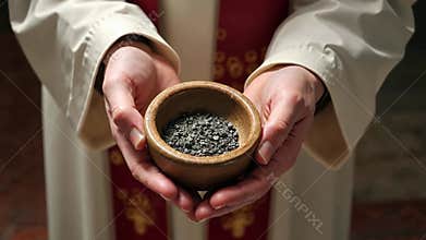 Priest Holds Bowl of Ashes During Ash Wednesday Ceremony in Church