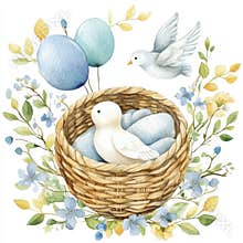 A charming composition with a hand-drawn watercolor baby cradle, crib, air balloons, and flowers. Ideal stock clip art