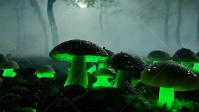 A bright green magical mushrooms grows in a dark mossy forest.
