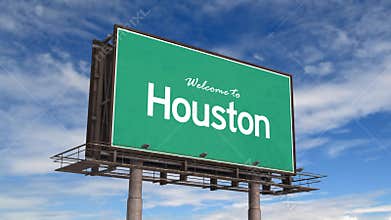 Welcome To Houston Road Sign. Airplane Landing Texas Houston USA.