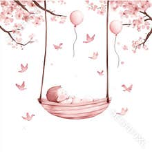 An elegant hand-drawn watercolor illustration of a baby cradle, crib, air balloons, and flowers. Stock clip art perfect