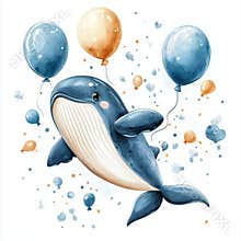 Adorable baby clip art illustration with a cute watercolor whale and whimsical air balloons. Children's stock image