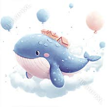 Charming baby clip art featuring an adorable watercolor flying whale, lighthouse, and hot air balloons. Children's