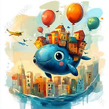 Enchanting baby clip art illustration with a cute watercolor whale, lighthouse, and hot air balloons. Children's