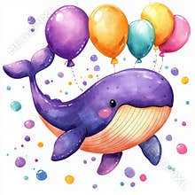 Charming baby clip art featuring an adorable watercolor flying whale and colorful air balloons. Children's stock