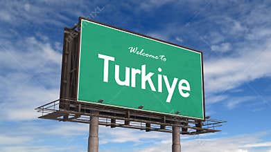Welcome To Turkiye Road Sign. Airplane Landing Turkey.