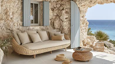Beige Wicker Sofa and Coffee Table on a Stone Patio with Ocean View