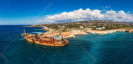Abandoned Edro III Shipwreck at seashore of Peyia, near Paphos, Cyprus. Historic Edro III Shipwreck site on the shore of the water
