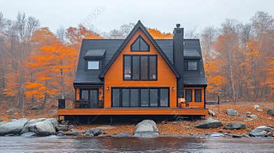 Modern A Frame Cabin in Autumnal Forest by a Lake