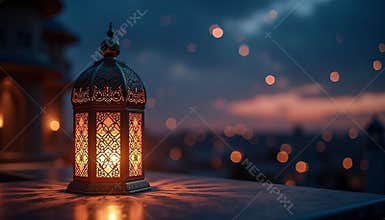 Traditional Ramadan Lantern with Warm Light under Crescent Moon at Night, Peaceful Islamic Atmosphere
