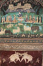 Colorful wall paintings in Chitrashala, Bundi Palace, India