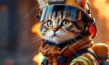 Highly Detailed Hyper-Realistic 3D Rendering of a Courageous Cat in Firefighter Gear with Dramatic Backgrounds And Intense Action
