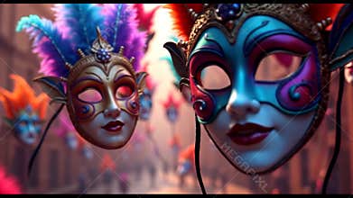 Venetian Carnival Masks: A vibrant display of colorful, ornate masks hanging in a bustling street, capturing the essence of