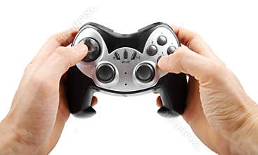 Video game controller in hand isolated on white