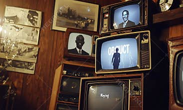 Vintage television set display with dynamic visuals in a retro room showcasing various images