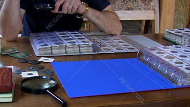 Numismatist examines coin collection