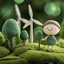 Child Planting a Tree Near Wind Turbines