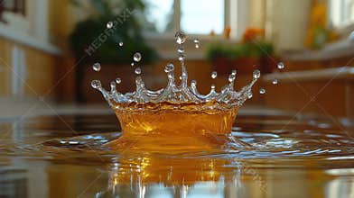 Golden Water Crown Splash, Macro Photography of Amber Liquid Droplet Impact