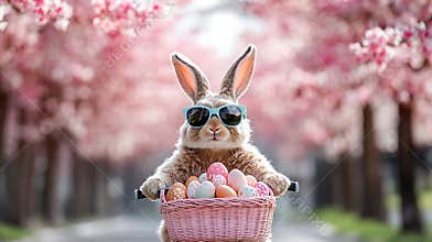 Adorable Easter Bunny cycling on a beautiful spring day, Happy Easter celebration