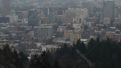 Portland OR Downtown Cityscape with Mount Hood at Sunset with Heavy Thick Fog Panning Expansive View 1080p