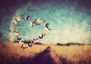 Heart shape made of colorful butterflies