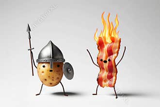 Humorous scene with two food items, a potato warrior with a helmet and spear, and fiery bacon in motion. Perfect for