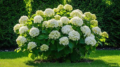 Abundant White Annabelle Hydrangea Bush in Lush Garden Setting - Blooming Delight